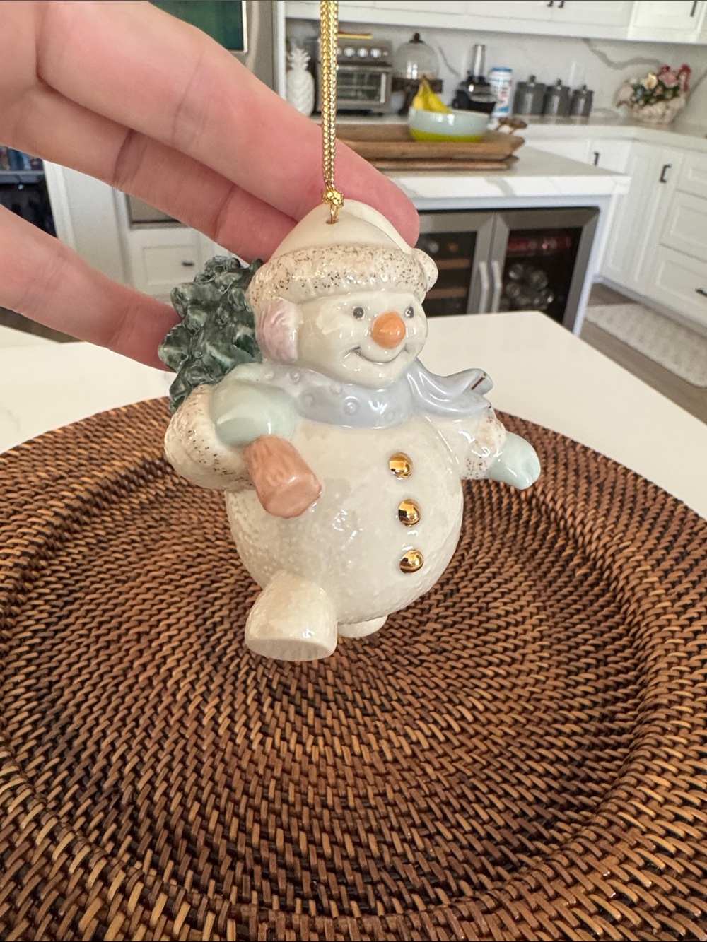 Ceramic Snowman Holiday Ornament in Cream and Pastel Colors